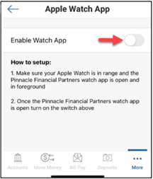 Enable Apple Watch toggle in the Pinnacle app menu