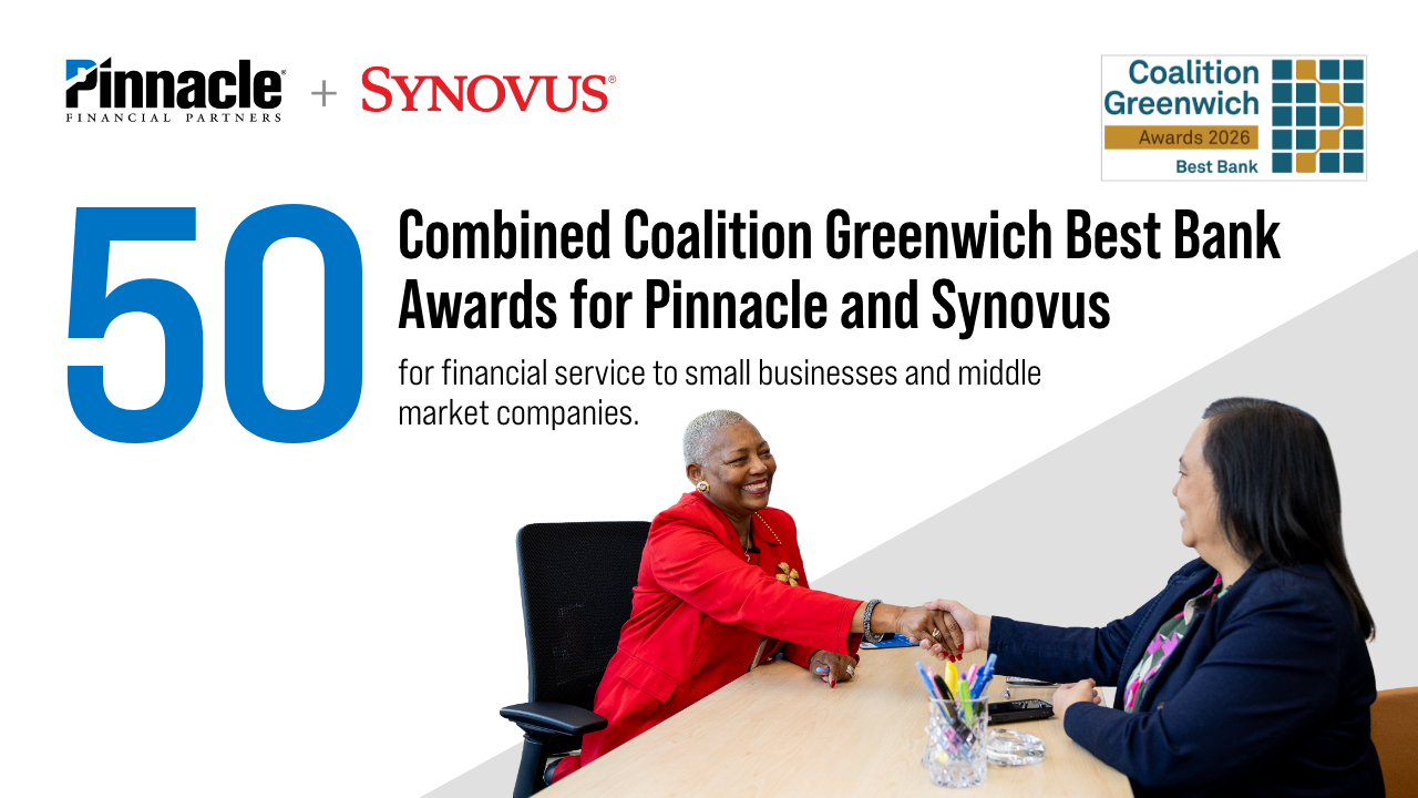 50 Combined Coalition Greenwich Best Bank Awards for Pinnacle and Synovus